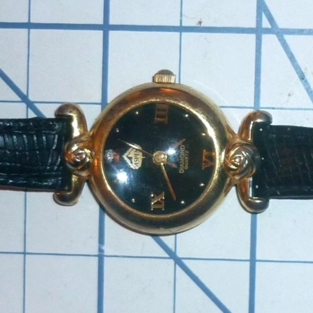 Vintage Aspen Diamond Quartz Watch Black Dial Gold Tone Floral Lugs New Battery